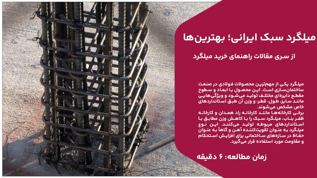 میلگرد یکی از مهمترین محصولات فولادی در صنعت ساختمانسازی است. این محصول با ابعاد و سطوح مقطع دایرهای مختلف تولید میشود و ویژگیهایی مانند سایز، طول، قطر، و وزن آن طبق استانداردهای خاص مشخص میشوند. برخی کارخانهها مانند کارخانه راد همدان و کارخانه ظفر بناب، میلگرد سبک را با کاهش وزن مطابق با استانداردهای مربوطه تولید میکنند. این نوع میلگرد به عنوان تقویتکننده آهن و گاهاً به عنوان حفاظ در سازههای ساختمانی برای افزایش استحکام و مقاومت مورد استفاده قرار میگیرد