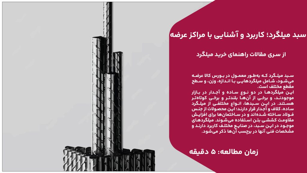 سبد میلگرد که به‌طور معمول در بورس کالا عرضه می‌شود، شامل میلگردهایی با اندازه، وزن، و سطح مقطع مختلف است. این میلگردها در دو نوع ساده و آجدار در بازار موجودند، و برخی از آن‌ها بلندتر و برخی کوتاه‌تر هستند. در این سبدها، انواع مختلفی از میلگرد ساده، کلاف و آجدار قرار دارند؛ این محصولات از جنس فولاد ساخته شده‌اند و در ساختمان‌ها برای افزایش مقاومت کششی بتن استفاده می‌شوند. میلگردهای موجود در این سبد، در صنایع مختلف کاربرد دارند و مشخصات فنی آنها در برچسب آن‌ها ذکر می‌شود