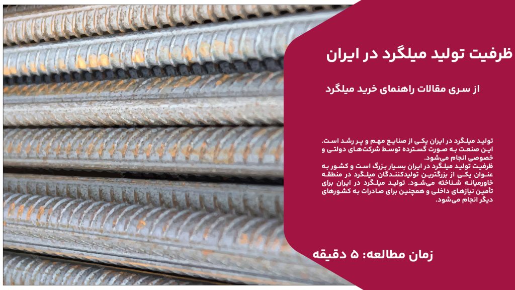 تولید میلگرد در ایران یکی از صنایع مهم و پر رشد است. این صنعت به صورت گسترده توسط شرکت‌های دولتی و خصوصی انجام می‌شود. ظرفیت تولید میلگرد در ایران بسیار بزرگ است و کشور به عنوان یکی از بزرگترین تولیدکنندگان میلگرد در منطقه خاورمیانه شناخته می‌شود. تولید میلگرد در ایران برای تأمین نیازهای داخلی و همچنین برای صادرات به کشورهای دیگر انجام می‌شود