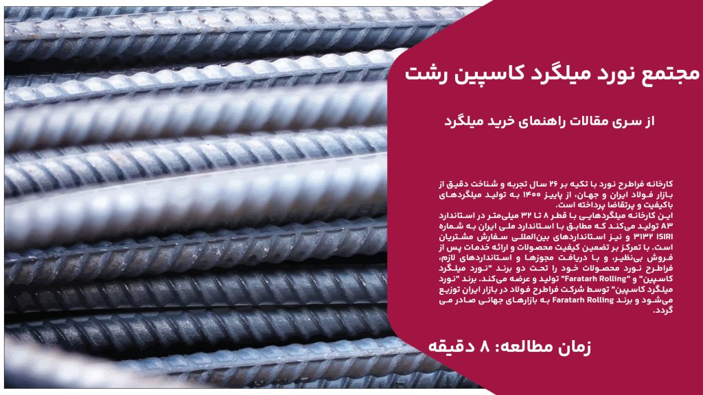 کارخانه فراطرح نورد با تکیه بر ۲۶ سال تجربه و شناخت دقیق از بازار فولاد ایران و جهان، از پاییز ۱۴۰۰ به تولید میلگردهای باکیفیت و پرتقاضا پرداخته است. این کارخانه میلگردهایی با قطر ۸ تا ۳۲ میلیمتر در استاندارد A3 تولید میکند که مطابق با استاندارد ملی ایران به شماره ISIRI 3132 و نیز استانداردهای بینالمللی سفارش مشتریان است. با تمرکز بر تضمین کیفیت محصولات و ارائه خدمات پس از فروش بینظیر، و با دریافت مجوزها و استانداردهای لازم، فراطرح نورد محصولات خود را تحت دو برند "نورد میلگرد کاسپین" و "Faratarh Rolling" تولید و عرضه میکند. برند "نورد میلگرد کاسپین" توسط شرکت فراطرح فولاد در بازار ایران توزیع میشود و برند Faratarh Rolling به بازارهای جهانی صادر میگردد