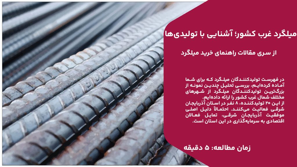 در فهرست تولیدکنندگان میلگرد که برای شما آماده کرده‌ایم، بررسی تحلیل چندین نمونه از بزرگ‌ترین تولیدکنندگان میلگرد از شهرهای مختلف شمال غرب کشور را ارائه داده‌ایم. از این 20 تولیدکننده، 8 نفر در استان آذربایجان شرقی فعالیت می‌کنند. احتمالاً دلیل اصلی موفقیت آذربایجان شرقی، تمایل فعالان اقتصادی به سرمایه‌گذاری در این استان است