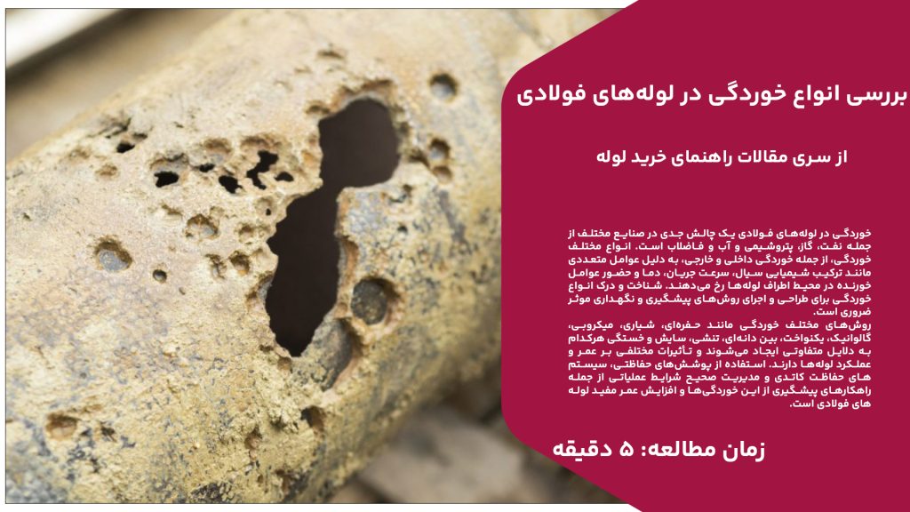 خوردگی در لوله‌های فولادی یک چالش جدی در صنایع مختلف از جمله نفت، گاز، پتروشیمی و آب و فاضلاب است. انواع مختلف خوردگی، از جمله خوردگی داخلی و خارجی، به دلیل عوامل متعددی مانند ترکیب شیمیایی سیال، سرعت جریان، دما و حضور عوامل خورنده در محیط اطراف لوله‌ها رخ می‌دهند. شناخت و درک انواع خوردگی برای طراحی و اجرای روش‌های پیشگیری و نگهداری موثر ضروری است. روش‌های مختلف خوردگی مانند حفره‌ای، شیاری، میکروبی، گالوانیک، یکنواخت، بین دانه‌ای، تنشی، سایش و خستگی هرکدام به دلایل متفاوتی ایجاد می‌شوند و تأثیرات مختلفی بر عمر و عملکرد لوله‌ها دارند. استفاده از پوشش‌های حفاظتی، سیستم‌های حفاظت کاتدی و مدیریت صحیح شرایط عملیاتی از جمله راهکارهای پیشگیری از این خوردگی‌ها و افزایش عمر مفید لوله‌های فولادی است