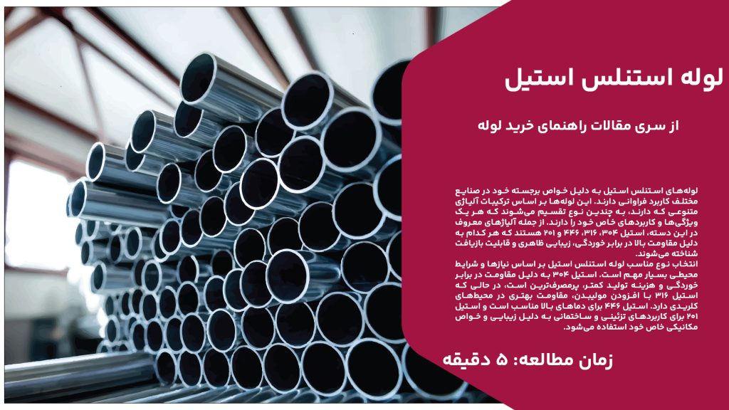 لوله‌های استنلس استیل به دلیل خواص برجسته خود در صنایع مختلف کاربرد فراوانی دارند. این لوله‌ها بر اساس ترکیبات آلیاژی متنوعی که دارند، به چندین نوع تقسیم می‌شوند که هر یک ویژگی‌ها و کاربردهای خاص خود را دارند. از جمله آلیاژهای معروف در این دسته، استیل 304، 316، 446 و 201 هستند که هر کدام به دلیل مقاومت بالا در برابر خوردگی، زیبایی ظاهری و قابلیت بازیافت شناخته می‌شوند