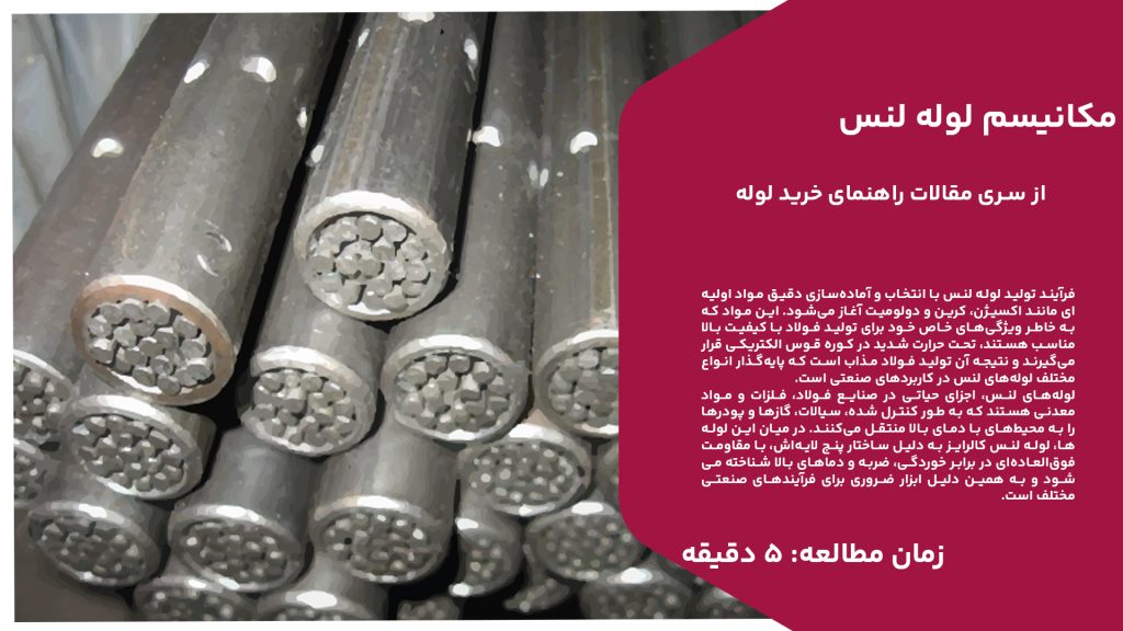 فرآیند تولید لوله لنس با انتخاب و آماده‌سازی دقیق مواد اولیه‌ای مانند اکسیژن، کرین و دولومیت آغاز می‌شود. این مواد که به خاطر ویژگی‌های خاص خود برای تولید فولاد با کیفیت بالا مناسب هستند، تحت حرارت شدید در کوره قوس الکتریکی قرار می‌گیرند و نتیجه آن تولید فولاد مذاب است که پایه‌گذار انواع مختلف لوله‌های لنس در کاربردهای صنعتی است. لوله‌های لنس، اجزای حیاتی در صنایع فولاد، فلزات و مواد معدنی هستند که به طور کنترل شده، سیالات، گازها و پودرها را به محیط‌های با دمای بالا منتقل می‌کنند. در میان این لوله‌ها، لوله لنس کالرایز به دلیل ساختار پنج لایه‌اش، با مقاومت فوق‌العاده‌ای در برابر خوردگی، ضربه و دماهای بالا شناخته می‌شود و به همین دلیل ابزار ضروری برای فرآیندهای صنعتی مختلف است