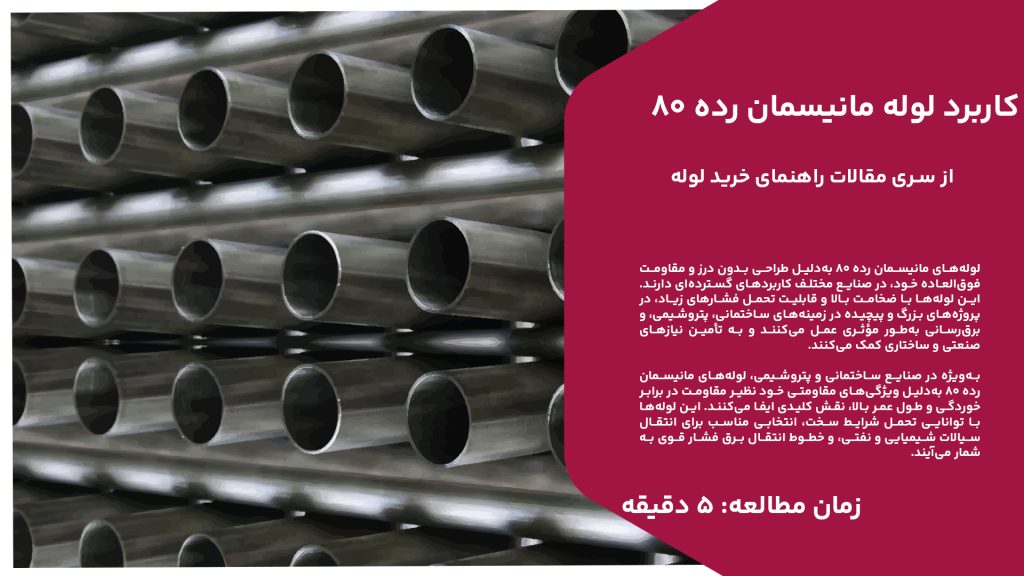 لولههای مانیسمان رده 80 بهدلیل طراحی بدون درز و مقاومت فوقالعاده خود، در صنایع مختلف کاربردهای گستردهای دارند. این لولهها با ضخامت بالا و قابلیت تحمل فشارهای زیاد، در پروژههای بزرگ و پیچیده در زمینههای ساختمانی، پتروشیمی، و برقرسانی بهطور مؤثری عمل میکنند و به تأمین نیازهای صنعتی و ساختاری کمک میکنند