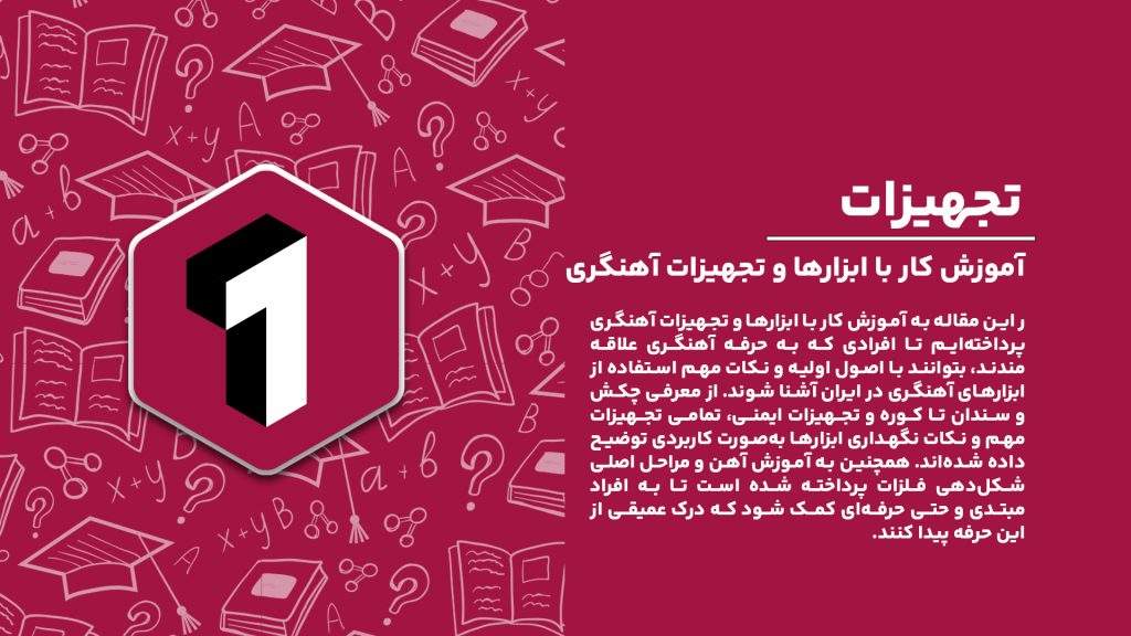"آموزش کار با ابزارها و تجهیزات آهنگری در ایران شامل نکات ایمنی، چکش‌کاری، و نحوه استفاده از کوره و سندان."